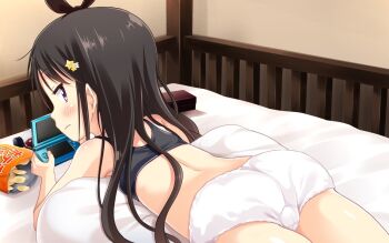 1girl ass bed bed_sheet black_hair black_panties blush bottle box bunk_bed chicchakunai_mon!_~school_bus_de_omukae_chucchu~ chips_(food) crotch_seam drink female_focus food from_behind fukumimi game_cg hair_ornament hair_ribbon handheld_game_console holding iris_(company) juice loli long_hair looking_at_viewer looking_back lying midriff nogizaka_rin panties pillow potato_chips purple_eyes ribbon solo star_(symbol) star_hair_ornament underwear video_game white_panties