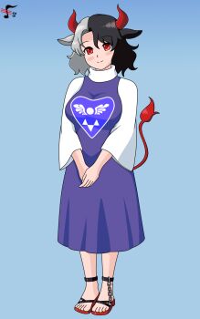 1girl animal_ears black_hair breasts chain commentary commission cosplay cow_ears cow_girl cow_horns cow_tail dress english_commentary full_body grey_hair head_tilt highres horns large_breasts multicolored_hair purple_dress red_eyes red_horns red_tail sandals signature smile solo split-color_hair tail toriel toriel_(cosplay) touhou tremolo_measure two-tone_hair undertale ushizaki_urumi utdr_(toby_fox)