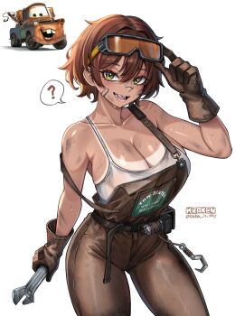 ? absurdres artist_name bandaid bandaid_on_cheek bandaid_on_face bandaid_on_nose breasts brown_gloves brown_overalls camisole car cars_(movie) collarbone commentary genderswap genderswap_(mtf) gloves goggles goggles_on_head green_eyes highres holding holding_wrench hook kuraken large_breasts looking_at_viewer mechanic motor_vehicle open_mouth overalls personification shiny_skin short_hair smile speech_bubble spoken_question_mark sweat tan tanline teeth tow_mater twitter_username white_camisole wrench