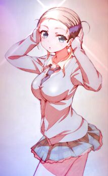 1girl :o black_hair black_necktie blonde_hair blue_eyes boku_wa_tomodachi_ga_sukunai breasts cardigan collared_shirt commentary_request cowboy_shot frilled_skirt frills green_skirt grey_cardigan hands_on_own_head hands_up highres kashiwazaki_sena large_breasts long_sleeves looking_at_viewer miniskirt multicolored_hair necktie official_alternate_costume official_artist_extra plaid_clothes plaid_skirt pleated_skirt school_uniform shirt short_hair skirt solo st._chronica_academy_school_uniform two-tone_hair very_short_hair watanabe_yoshihiro white_shirt wig