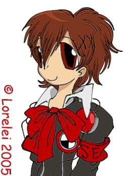 1girl 2000s_(style) armband artist_name black_shirt bow brown_hair collared_shirt deftestrecords persona persona_3 persona_3_portable ponytail red_armband red_bow red_eyes shiomi_kotone shirt solo watermark