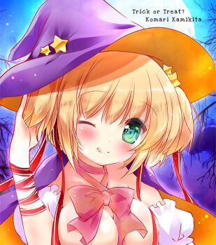 1girl ;q alternate_costume aqua_eyes arm_ribbon asahina_yori blush bow bowtie breasts cape character_name choker cleavage closed_mouth commentary_request detached_sleeves eyes_visible_through_hair full_moon hair_between_eyes hair_ornament hair_ribbon halloween halloween_costume hand_up hat hat_ornament kamikita_komari large_breasts little_busters! long_ribbon looking_at_viewer medium_hair moon night one_eye_closed orange_cape orange_hat outdoors pink_bow pink_bowtie pink_choker puffy_short_sleeves puffy_sleeves purple_cape purple_hat red_ribbon ribbon short_sleeves sidelocks smile solo star_(symbol) star_hair_ornament star_hat_ornament tareme tongue tongue_out trick_or_treat two-sided_cape two-sided_fabric two-sided_headwear two_side_up upper_body witch witch_hat