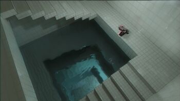Rule 34 | 1girl, backrooms (creepypasta), beret, black hat, blue archive, commentary, dream pool, halo, hat, highres, indoors, kneeling, koharu (blue archive), liminal space, looking down, medama soft, pink hair, pink halo, scenery, school uniform, solo, stairs, tile floor, tile wall, tiles, variant set, water, wide shot