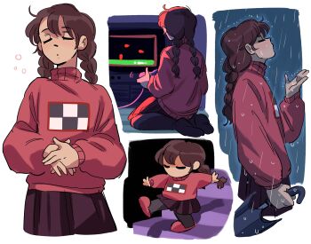 1girl braid brown_hair closed_eyes closed_mouth commentary controller cowboy_shot deformed dot_mouth facing_away from_behind from_side full_body game_controller hand_up highres holding holding_controller holding_game_controller holding_umbrella long_hair madotsuki multiple_views nasu_(yume_nikki) nessa_(neesaig) own_hands_together playing_games rain red_skirt red_sweater seiza sitting skirt stairs sweater turtleneck turtleneck_sweater twin_braids umbrella walking yume_nikki