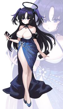 1girl absurdres alternate_costume blue_archive blue_dress blue_eyes breasts commentary_request dress hair_ornament halo high_heels highres holding holding_tablet_pc kyundoo large_breasts long_dress looking_at_viewer mechanical_halo purple_hair red_pupils side_slit tablet_pc triangle_hair_ornament two_side_up yuuka_(blue_archive) zoom_layer