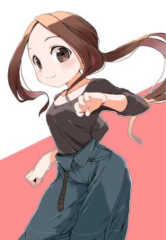 Rule 34 | 1girl, black shirt, blue pants, brown eyes, brown hair, closed mouth, commentary request, cowboy shot, highres, karakai jouzu no (moto) takagi-san, karakai jouzu no takagi-san, kobawan dam, long hair, looking at viewer, outline, pants, red background, shirt, smile, solo, takagi-san, two-tone background, white background, white outline