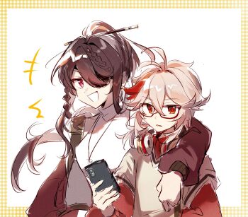 1boy 1girl absurdres antenna_hair arm_around_shoulder beidou_(genshin_impact) beidou_(mcdonalds)_(genshin_impact) braid brown_hair cellphone contemporary couple eyepatch friends from_side genshin_impact glasses hair_between_eyes hair_flowing_over hair_ornament hairpin hand_up headphones headphones_around_neck high_ponytail highres holding holding_phone jacket jieyang1022 kaedehara_kazuha kaedehara_kazuha_(mcdonalds) long_hair long_sleeves looking_at_viewer looking_to_the_side multicolored_hair off_shoulder official_alternate_costume open_clothes open_jacket open_mouth phone ponytail red_eyes short_hair side_braid smartphone smile standing streaked_hair teeth upper_body wavy_hair white_background white_hair