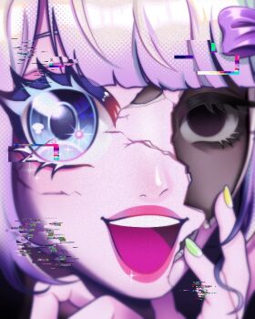 Rule 34 | ame-chan (needy girl overdose), bags under eyes, black eyes, blonde hair, blue eyes, blunt bangs, broken mask, chouzetsusaikawa tenshi-chan, close-up, colored tips, cracked kawaii mask, distortion, glitch, glitch art, grin, halftone, hands up, heterochromia, mask, multicolored hair, needy girl overdose, portrait, smile, user ryck4472