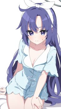 Rule 34 | 1girl, black halo, blue archive, blue pajamas, blue shorts, breasts, cleavage, collarbone, foulo paints, halo, highres, mechanical halo, nightshirt, official alternate costume, pajamas, shorts, simple background, sleepwear, solo, white background, yuuka (blue archive), yuuka (pajamas) (blue archive)