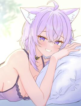 1girl ahoge animal_ears bare_shoulders breasts camisole cat_ears cat_girl cleavage highres hololive large_breasts nekomata_okayu parted_lips pillow purple_camisole purple_eyes purple_hair smile solo upper_body virtual_youtuber warg_game