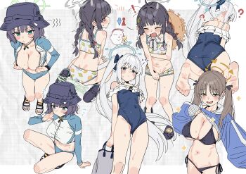 Rule 34 | 4girls, absurdres, bikini, black bikini, blue archive, blue bikini, blue halo, blue hoodie, blue one-piece swimsuit, braid, bucket hat, casual one-piece swimsuit, clothes lift, commentary, covered navel, cropped hoodie, frilled one-piece swimsuit, frills, green halo, grey halo, halo, hat, hat on back, highres, hood, hoodie, hoodie lift, jacket, leaf, leaf on head, leaf print, looking at viewer, miyako (blue archive), miyako (swimsuit) (blue archive), miyu (blue archive), miyu (swimsuit) (blue archive), moe (blue archive), moe (swimsuit) (blue archive), multicolored jacket, multiple girls, multiple views, off-shoulder one-piece swimsuit, off shoulder, official alternate costume, one-piece swimsuit, open swimsuit, print bikini, rabbit platoon (blue archive), raglan sleeves, rash guard, ryuuforkaf, saki (blue archive), saki (swimsuit) (blue archive), side-tie bikini bottom, straw hat, swimsuit, twin braids, two-tone jacket, two-tone one-piece swimsuit, untranslatable commentary, yellow halo