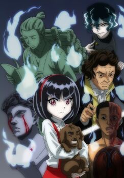 1girl 6+boys anatomical_model anatomical_model_(gegege_no_kitarou) animal beethoven_portrait_(gegege_no_kitarou) black_eyes black_hair black_tailcoat blood bloody_tears blunt_bangs book bow bowtie brown_fur brown_hair bust_(sculpture) closed_eyes design_statue_(gegege_no_kitarou) dog dress facial_hair firewood gegege_no_kitarou hairband hanako-san_(gegege_no_kitarou) highres hitodama holding holding_animal holding_book holding_dog japanese_clothes jinmenken jinmenken_(gegege_no_kitarou) kimono long_sleeves looking_at_viewer ludwig_van_beethoven medibang_paint_(medium) multiple_boys mustache ninomiya_kinjiro ninomiya_kinjiro_statue_(gegege_no_kitarou) nori_gutchin organs pinafore_dress portrait_(object) purple_eyes red_dress red_hairband short_hair sleeveless sleeveless_dress statue vest waistcoat white_bow white_bowtie yousuke-kun_(gegege_no_kitarou)