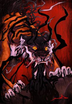 animal_focus blood blood_on_face claws commentary crazy_eyes dream_tiger_(govy9807) english_commentary from_side hameed_404 highres liquid liquid_from_mouth monster monster_focus no_humans open_mouth orange_eyes original red_background sharp_teeth slit_pupils teeth tiger tusks