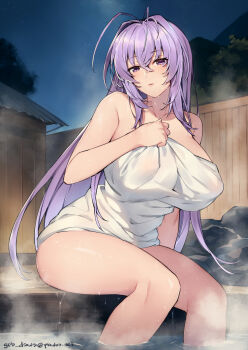 1girl antenna_hair bare_shoulders blush breasts commentary commission covered_erect_nipples english_commentary ge-b hair_between_eyes highres large_breasts long_hair looking_at_viewer mixed-language_commentary naked_towel night night_sky outdoors parted_lips purple_eyes purple_hair rance_(series) sengoku_rance senhime sitting sky solo star_(sky) starry_sky steam towel variant_set wading wet