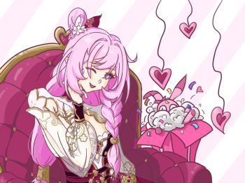 Rule 34 | 1girl, breasts, chinese commentary, commentary request, couch, diamond-shaped pupils, diamond (shape), dress, elf, elysia (herrscher of human: ego) (honkai impact), elysia (honkai impact), elysia (peachy spring) (honkai impact), flower, hair flower, hair ornament, highres, homei (honkai impact), honkai (series), honkai impact 3rd, large breasts, long braid, long hair, mooon (xinjinjumin2276467), official alternate costume, on couch, pink hair, pointy ears, purple eyes, red dress, sitting, solo, symbol-shaped pupils, very long hair