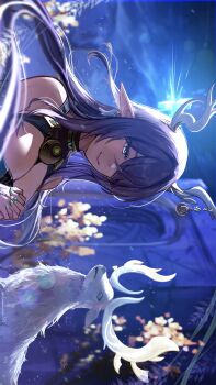 1girl absurdres antler_ornament antlers bare_shoulders blue_eyes blue_hair blue_nails breasts cleavage closed_mouth commentary_request deer deer_antlers fingernails genshin_impact hair_over_one_eye hands_up highres horns kyanonpan50 lauma_(genshin_impact) long_hair nail_polish outdoors own_hands_clasped own_hands_together pointy_ears sideways smile solo upper_body very_long_hair