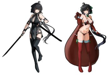 1girl :d antenna_hair bare_shoulders bikini black_boots black_dress black_gloves black_hair blush boots bow bowtie breasts brown_eyes christmas_tree_earrings cleavage corset dress elbow_gloves female_rover_(wuthering_waves) full_body fur-trimmed_bikini fur-trimmed_boots fur_collar fur_trim gloves green_bow green_bowtie grin hair_bow hair_ornament high_heel_boots high_heels highres holding holding_sack holding_sword holding_weapon large_breasts long_hair looking_at_viewer loveu multiple_views navel open_mouth parted_lips partially_fingerless_gloves pom_pom_(clothes) red_bikini red_boots red_gloves red_ribbon ribbon rover_(wuthering_waves) sack santa_bikini santa_costume sheath side-tie_bikini_bottom sleeveless sleeveless_dress smile standing star_(symbol) star_hair_ornament swimsuit sword thigh_boots unsheathed v-shaped_eyebrows very_long_hair weapon wuthering_waves