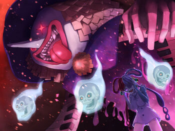 1girl 1other artist_request aura bare_legs black_ribbon black_wings breasts buttons cowboy_shot creature creepy demon devil_fruit dress empty_eyes evil_grin evil_smile eyelashes fangs floating_hair frilled_dress frills gradient_background grin hair_over_one_eye hair_rings hat headphones highres lips long_hair long_sleeves looking_at_viewer multicolored_hair music musical_note neck_ribbon one_piece one_piece_film:_red open_clothes open_mouth puffy_long_sleeves puffy_sleeves purple_eyes red_hair ribbon shaded_face sharp_teeth sidelocks size_difference skull sleeves_past_wrists smile split-color_hair summoning teeth tot_musica_(one_piece) two-tone_hair uta_(one_piece) white_dress white_hair wide_hips wind wings yandere