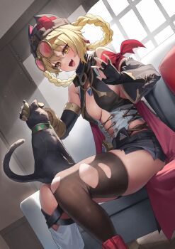 1girl :d absurdres animal asymmetrical_legwear beanie black_gloves black_hat black_jacket black_shorts black_sleeves blonde_hair braid breasts cat commentary_request detached_sleeves fang genshin_impact gloves hair_rings hat highres jacket jahoda_(genshin_impact) medium_breasts mismatched_legwear open_mouth red-tinted_eyewear round_eyewear short_hair shorts single_thighhigh sitting skin_fang smile solo star-shaped_pupils star_(symbol) sunglasses symbol-shaped_pupils thighhighs tinted_eyewear torn_clothes torn_thighhighs yamanokami_eaka yellow_eyes