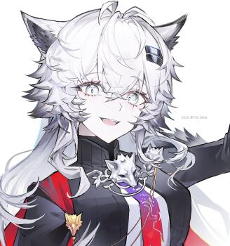 1girl :d aiguillette animal_ears arknights black_jacket cape crossed_bangs hair_between_eyes hair_ornament hairclip hashtag-only_commentary jacket lappland_(arknights) lappland_the_decadenza_(arknights) long_hair open_mouth portrait red_cape scar scar_across_eye scar_on_face smile solo twitter_username white_eyes white_hair wolf_ears wolf_girl yeonan