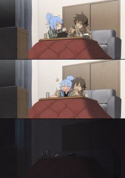 1boy 1girl absurdres aqua_(konosuba) barefoot blue_hair blush breasts brown_hair chopsticks contemporary couch green_sweater grin hair_bun highres holding holding_chopsticks implied_sex indoors izawa_(bhive003) kono_subarashii_sekai_ni_shukufuku_wo! kotatsu long_hair long_sleeves satou_kazuma sitting smile sweater table teeth translation_request watching_television