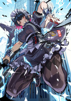 1girl black_dress black_hair breasts building clenched_teeth commentary day dress ellen_joe fins fish_tail frilled_dress frills hair_ornament hairclip highres holding holding_weapon ishinagiryou large_breasts looking_at_viewer maid_headdress nail_polish outdoors pantyhose pink_hair red_eyes red_nails shark_tail sharp_teeth shoes short_hair short_sleeves skyscraper solo sparkle tail teeth thighs weapon zenless_zone_zero