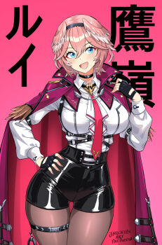 arm_strap artist_name black_pantyhose blue_eyes blush breasts cape collared_shirt fingerless_gloves gloves hand_on_own_hip high-waist_shorts highres hololive jarckius latex_shorts looking_at_viewer open_mouth pantyhose pink_cape pink_hair shirt shorts smile solo standing takane_lui thigh_strap thighs tight_clothes tongue virtual_youtuber