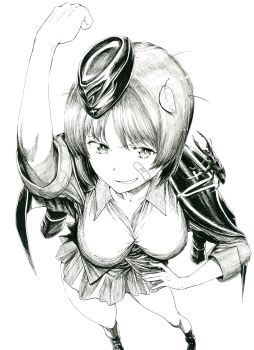 Rule 34 | 1girl, arm up, bandaid, bandaid on face, breasts, collarbone, collared shirt, dress shirt, foreshortening, from above, garrison cap, girls und panzer, greyscale, hand on own hip, hashtag-only commentary, hat, highres, kuromorimine military uniform, large breasts, leaf in hair, monochrome, nishizumi miho, pleated skirt, sawamin, shirt, skirt, solo, tight clothes, tight shirt, white background