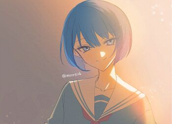 Rule 34 | 1girl, blue eyes, blue hair, bob cut, closed mouth, collarbone, commentary, grey shirt, hair between eyes, hatori naco, kiritani haruka, light particles, looking at viewer, miyamasuzaka girls' academy school uniform, neckerchief, project sekai, red neckerchief, sailor collar, school uniform, serafuku, shirt, short hair, sidelighting, sidelocks, smile, solo, straight-on, symbol-only commentary, tsurime, twitter username, upper body, white sailor collar