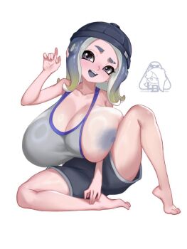 1girl breasts huge_breasts little_blood nipples octoling_girl octoling_player_character solo splatoon_(series) splatoon_2