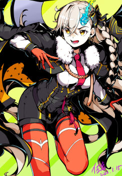 1girl ahoge belt black_coat black_corset blue_fire braid breasts coat commentary_request corset earrings fate/grand_order fate_(series) fire gloves highres jewelry kamesan231 large_breasts long_hair necktie olga_marie_animusphere olga_marie_animusphere_(unbeast) open_mouth orange_eyes pantyhose red_gloves red_pantyhose shorts tassel very_long_hair white_hair