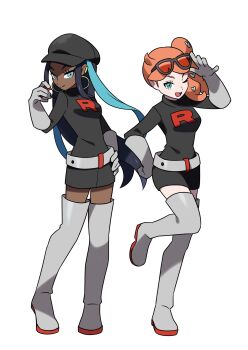2girls alternate_costume belt blue_eyeshadow boots dark-skinned_female dark_skin earrings elbow_gloves eyeshadow eyewear_on_head gloves grey_belt hair_ornament heart heart_hair_ornament highres himurohiromu holding holding_poke_ball hoop_earrings jewelry logo makeup multiple_girls nessa_(pokemon) nintendo one_eye_closed orange-tinted_eyewear orange_hair poke_ball pokemon pokemon_swsh side_ponytail sonia_(pokemon) standing standing_on_one_leg team_rocket team_rocket_uniform thigh_boots tinted_eyewear white_background