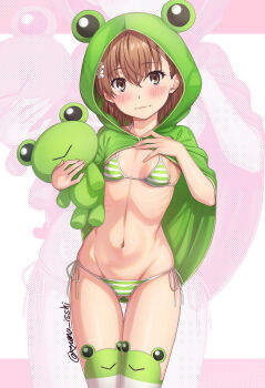 Rule 34 | 1girl, animal hood, bikini, blush, breasts, brown eyes, brown hair, capelet, collarbone, frog hood, gekota, gluteal fold, green bikini, green capelet, hair ornament, hairpin, heart, holding, holding stuffed toy, hood, isshi pyuma, looking at viewer, medium hair, misaka mikoto, misaka mikoto: hoodie look gekota, navel, parted lips, ribs, shiny skin, skindentation, small breasts, solo, standing, stomach, striped bikini, striped clothes, stuffed animal, stuffed frog, stuffed toy, swimsuit, thigh gap, thighhighs, toaru kagaku no railgun, toaru majutsu no index, white thighhighs, zoom layer