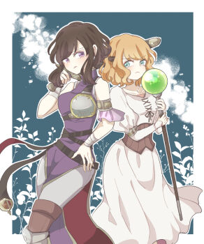 2girls black_hair border brown_hair commentary_request dress fire_emblem fire_emblem:_genealogy_of_the_holy_war holding holding_sword holding_weapon lana_(fire_emblem) larcei_(fire_emblem) looking_at_another multiple_girls nintendo outside_border pelvic_curtain purple_eyes short_hair staff sword weapon white_border white_dress yu3san