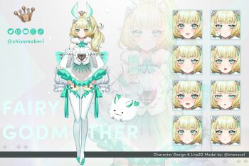 1girl :t blonde_hair blush boots chiyo_moberi cieste commentary crown detached_sleeves dress english_commentary english_text full_body garter_straps green_eyes highres holding holding_phone imonovel instagram_logo leotard long_sleeves mini_crown official_art phone pout puffy_long_sleeves puffy_sleeves reference_sheet second-party_source side_ponytail sleeves_past_fingers sleeves_past_wrists solo standing thigh_boots thighhighs tiktok_logo twitch_logo twitter_logo twitter_username virtual_youtuber white_sleeves youtube_logo zoom_layer