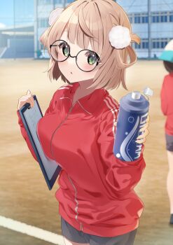 1girl 1other absurdres alternate_costume bespectacled black-framed_eyewear black_shorts blonde_hair blunt_bangs blurry blurry_background blush borumete bottle braid breasts clipboard commentary_request cowboy_shot day depth_of_field glasses green_eyes hair_ornament hair_rings highres holding holding_bottle holding_clipboard incoming_drink indie_virtual_youtuber jacket large_breasts long_sleeves looking_at_viewer medium_breasts multiple_girls open_mouth out_of_frame outdoors parted_lips pom_pom_(clothes) pom_pom_hair_ornament red_jacket round_eyewear shigure_ui_(vtuber) short_hair short_shorts shorts side_braid side_part side_up_ring solo solo_focus standing track_jacket virtual_youtuber water_bottle