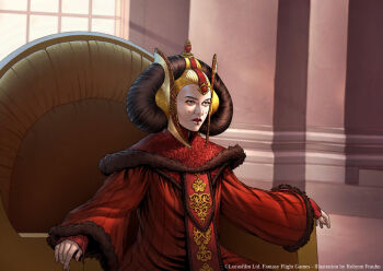 Rule 34 | 1girl, artist name, brown eyes, brown hair, chair, dress, english text, facepaint, indoors, padme amidala, red dress, robynn frauhn, sitting, solo, star wars, star wars: the phantom menace, upper body