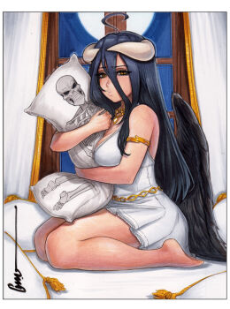 1girl ahoge ainz_ooal_gown albedo_(overlord) alternate_costume armlet bare_arms belly_chain black_feathers black_hair black_wings blush border breasts chain commentary dakimakura_(object) demon_horns dress english_commentary feathered_wings feathers from_side full_body full_moon gold_armlet gold_chain gold_necklace hair_between_eyes holding holding_pillow horns hugging_object indoors jewelry long_hair long_hair_between_eyes looking_at_viewer medium_breasts moon necklace night omar_dogan overlord_(maruyama) pillow pillow_hug protected_link puckered_lips scan signature sitting solo traditional_media wariza white_border white_dress wings yellow_eyes