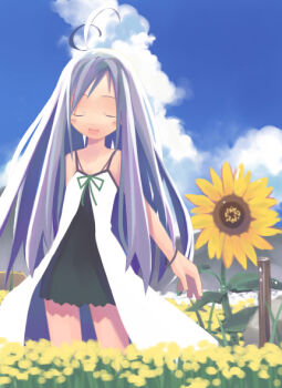 1girl antenna_hair archived_source arm_behind_back asami_natsuhito bare_arms bare_shoulders big_hair black_dress blue_sky blush closed_eyes cloud coat coat_dress cumulonimbus_cloud day dot_nose dress facing_viewer field flower flower_field green_ribbon hair_tie_on_wrist harada_takehito_(style) legs_apart long_hair open_hand open_mouth original outdoors ribbon short_dress sky solo standing straight_hair sunflower very_long_hair white_coat