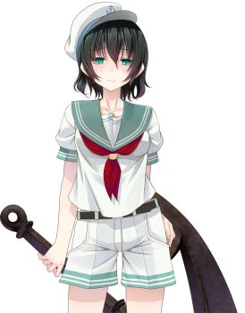 Rule 34 | 1girl, anchor, arms behind back, belt, black belt, black hair, breasts, collarbone, commentary request, cowboy shot, crote, crying, crying with eyes open, hair between eyes, hat, holding, holding anchor, large variant set, murasa minamitsu, puffy short sleeves, puffy sleeves, sailor, sailor hat, shirt, short hair, short sleeves, shorts, small breasts, solo, standing, tachi-e, tears, touhou, transparent background, variant set, white hat, white shirt, white shorts