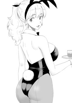 1girl alcohol animal_ears ass black_pantyhose blonde_hair breasts commentary_request drink earrings jewelry large_breasts leotard looking_at_viewer monochrome original pantyhose playboy_bunny ponytail rabbit_ears simple_background smile solo solo_focus taito0630