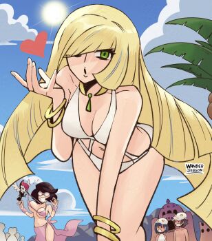 1boy 3girls :o absurdres aether_foundation_employee artist_name bikini bikini_top_pull blonde_hair blowing_kiss blue_hair blue_sky breasts brown_hair cloud commentary english_commentary gem gen_7_pokemon glasses green_eyes green_gemstone hair_over_one_eye hand_on_own_knee hat heart highres large_breasts leaning_forward long_hair looking_at_viewer lusamine_(pokemon) multiple_girls navel nintendo open_mouth palm_tree palossand pikipek pink-framed_eyewear pink_bikini pokemon pokemon_sm short_hair sky solid_oval_eyes sun sunburst sweatdrop swimsuit tree wanderjegson white_bikini white_hat wicke_(pokemon)