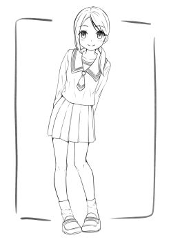 1girl absurdres ankle_socks arms_behind_back blush border commentary_request dot_nose forehead full_body highres lineart looking_at_viewer monochrome necktie negimiso1989 original outside_border pleated_skirt ponytail sailor_collar school_uniform serafuku shoes simple_background single_sidelock skirt smile socks solo standing white_background