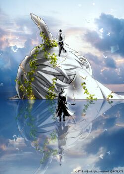 2boys absurdres bird black_coat black_hair black_shirt boots coat crossed_legs day dove facing_away from_behind full_body highres kim_dokja kintsugi multiple_boys omniscient_reader's_viewpoint open_clothes open_coat outdoors overgrown partially_submerged reflective_floor reflective_surface shirt short_hair sion_428 standing standing_on_liquid statue white_coat wind wind_lift yoo_joonghyuk