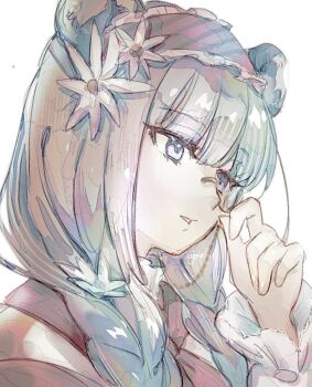 Rule 34 | 1girl, adjusting monocle, animal ears, aqua eyes, arknights, bear ears, blunt bangs, braid, collared shirt, commentary request, flower, frilled hairband, frills, from side, grey hairband, hair flower, hair ornament, hairband, half-closed eyes, hand up, istina (arknights), istina (bibliosmia) (arknights), long sleeves, looking ahead, low twin braids, monocle, neckerchief, official alternate costume, one-hour drawing challenge, parted lips, partial commentary, portrait, red neckerchief, shirt, sidelocks, signature, simple background, sketch, solo, twin braids, ujoe 7hr, white background, white flower, white hair, white shirt