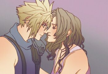 1boy 1girl aerith_gainsborough aqua_eyes armor bare_shoulders blonde_hair blue_shirt breasts brown_hair choker cleavage closed_mouth cloud_strife couple dress final_fantasy final_fantasy_vii final_fantasy_vii_rebirth final_fantasy_vii_remake flower_choker gradient_background green_eyes grey_background hair_between_eyes herzenreine hetero light_smile long_hair looking_at_another medium_breasts parted_bangs parted_lips pauldrons pink_dress shirt short_hair shoulder_armor sidelocks single_bare_shoulder single_pauldron sleeveless sleeveless_dress sleeveless_turtleneck spiked_hair suspenders turtleneck upper_body wavy_hair