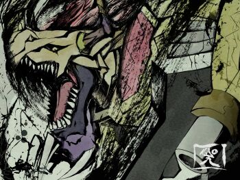 Rule 34 | digimon, digimon (creature), highres, horns, metalgreymon (virus), metalgreymon (virus) x-antibody, open mouth, sharp teeth, solo, teeth