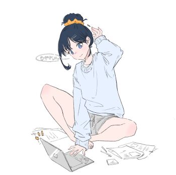 1girl aged_up black_hair blue_eyes computer gridman_universe gridman_universe_(movie) hair_bun hair_ornament laptop long_hair long_sleeves paper rixxa_uiu shirt shorts sitting solo takarada_rikka white_background