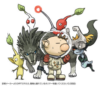 1boy 1girl big_nose black_eyes black_jacket blue_eyes blue_skin brown_hair buttons chain closed_eyes closed_mouth colored_skin commentary_request creature_on_head crossed_arms crossover crown cuffs fang fang_out furrowed_brow gloves grin hands_up helmet jacket leaf link long_sleeves looking_at_another midna naru_(wish_field) nervous_smile nintendo no_mouth olimar one_eye_covered orange_hair pikmin_(creature) pikmin_(series) pointy_ears pointy_nose radio_antenna red_eyes red_gloves red_pikmin shackles short_hair simple_background smile solid_circle_eyes space_helmet spacesuit standing sweatdrop the_legend_of_zelda the_legend_of_zelda:_twilight_princess translation_request very_short_hair white_background white_crown white_skin wide-eyed wolf wolf_link yellow_pikmin yellow_skin