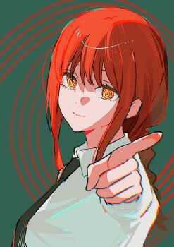 1girl black_necktie braid braided_ponytail chainsaw_man closed_mouth long_hair makima_(chainsaw_man) necktie outstretched_arm pjmiyo pointing pointing_at_viewer ringed_eyes shirt solo white_shirt yellow_eyes